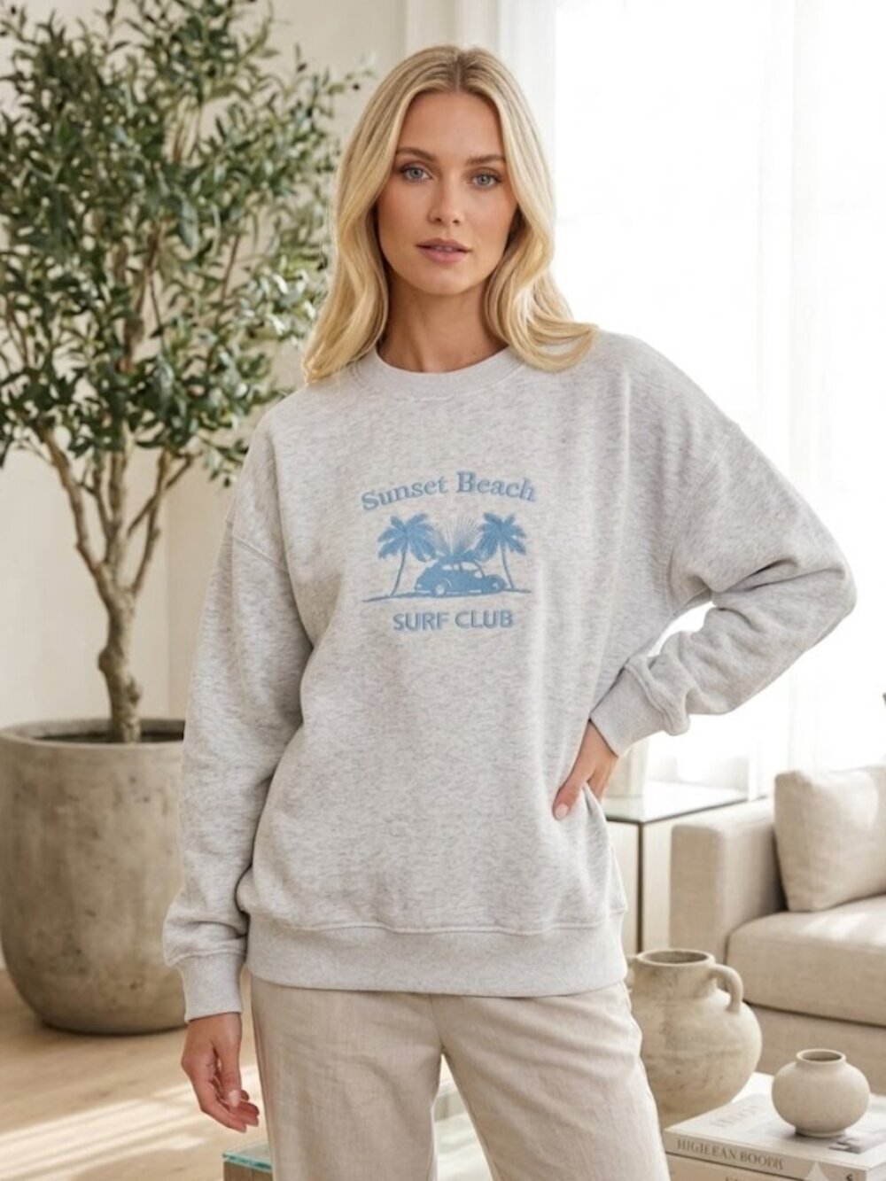 Gilli Sunset Beach Surf Club Embroidered Gray Crewneck Sweatshirt Oversized S - Picture 1 of 8